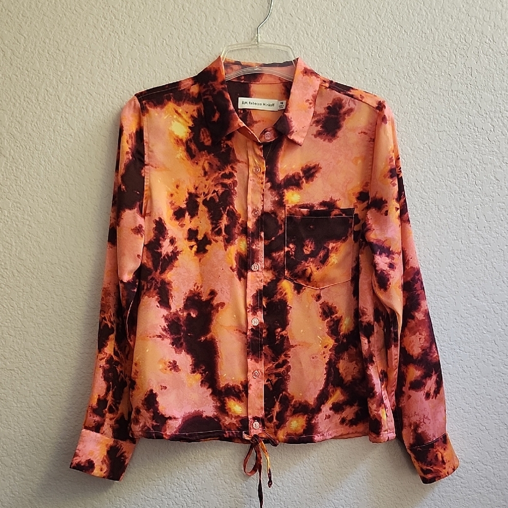 Rebecca Minkoff Orange and Black Tie-Dye Button-Down Blouse, Petite Medium, NWT